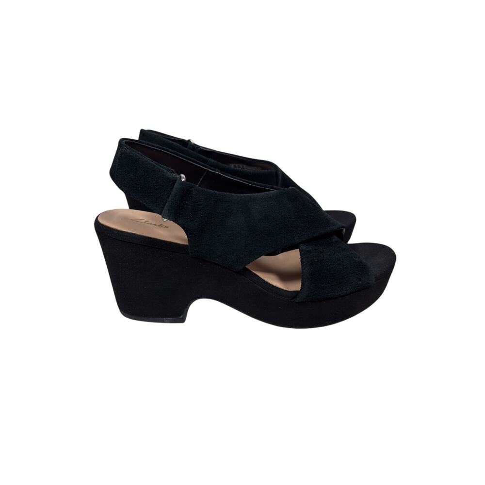 Clarks Maritsa Lara Sandals Womens 9 Black Platform Wedge Slingback Suede